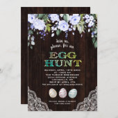 チャームブルーフラワーズレースウッドエッグ狩りイースター 招待状 (正面/裏面)