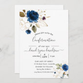 チャームブルー金ゴールドフラワーズボーイ確認 招待状 (正面/裏面)