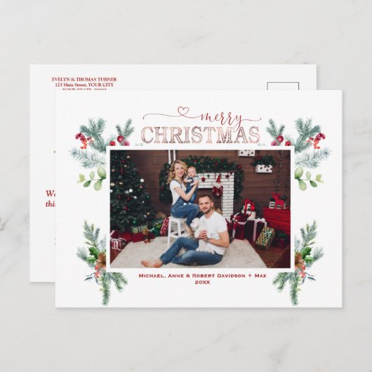 チャームホリデイズファミリーフォト金ゴールドメリークリスマス シーズンポストカード (正面/裏面)