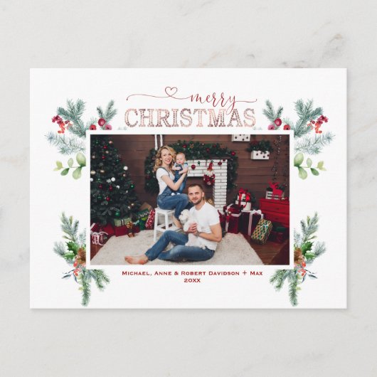 チャームホリデイズファミリーフォト金ゴールドメリークリスマス シーズンポストカード (正面)