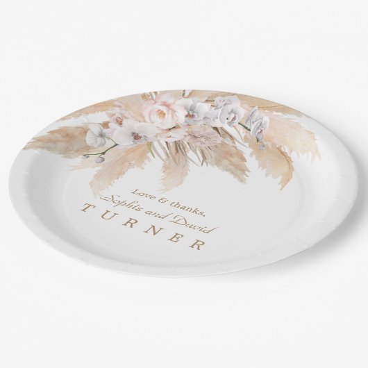 チャームホワイトオーキッド赤面バラパンパスグラス結婚ズ ペーパープレート (アングル)