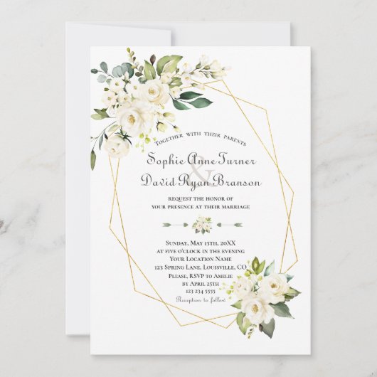 チャームホワイトクリーム花金ゴールドフレーム結婚ズ 招待状 (正面)