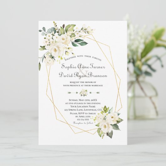 チャームホワイトクリーム花金ゴールドフレーム結婚ズ 招待状 (スタンド正面)