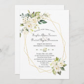 チャームホワイトクリーム花金ゴールドフレーム結婚ズ 招待状 (正面/裏面)