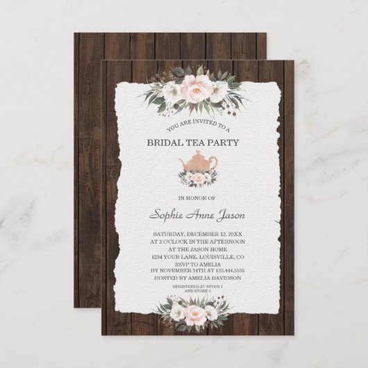 チャームホワイトピンクフローラウッドブライダルティーパーティー 招待状 (正面/裏面)
