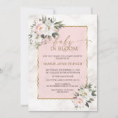 チャームホワイトピンク花金ゴールドベビーイン開花 招待状 (正面)