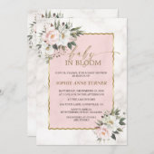チャームホワイトピンク花金ゴールドベビーイン開花 招待状 (正面/裏面)