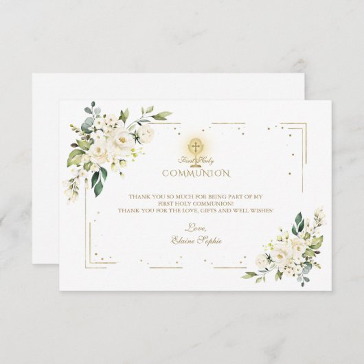 チャームホワイトフラワーゴールデンフレーム神聖な聖餐式 サンキューカード (正面/裏面)