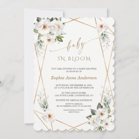 チャームホワイトフラワーズバラ金ゴールドベビーイン開花 招待状 (正面)