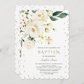 チャームホワイトフラワーズ金ゴールドクロスガールバプテスマ 招待状 (正面/裏面)