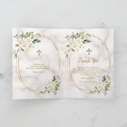 チャームホワイトフラワーズ金ゴールドクロスフォト《キリスト教》洗礼式や命名式 サンキューカード (内部)