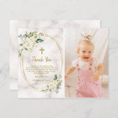 チャームホワイトフラワーズ金ゴールドクロスフォト《キリスト教》洗礼式や命名式 サンキューカード (正面/裏面)