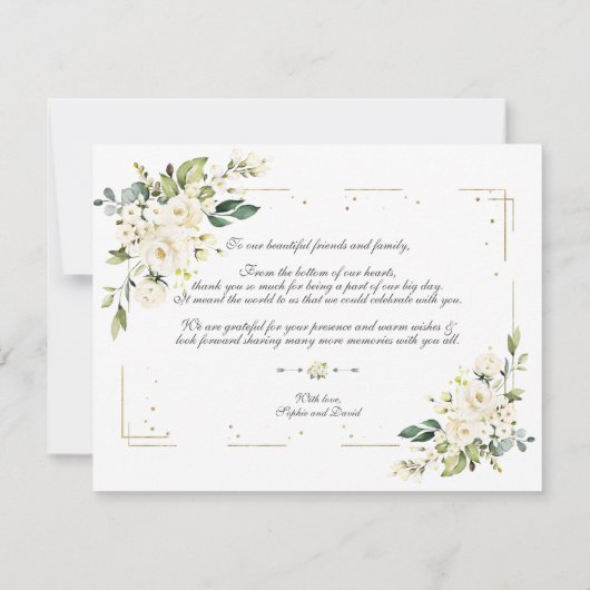 チャームホワイトフラワーズ金ゴールドグリッター結婚フレーム サンキューカード (裏面)