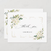 チャームホワイトフラワーズ金ゴールドグリッター結婚フレーム サンキューカード (正面/裏面)