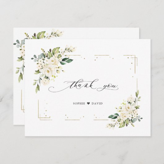 チャームホワイトフラワーズ金ゴールドグリッター結婚フレーム サンキューカード (正面/裏面)