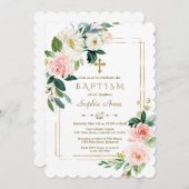 チャームホワイトフラワーズ開花金ゴールドクロスバプテスマ 招待状 (正面/裏面)