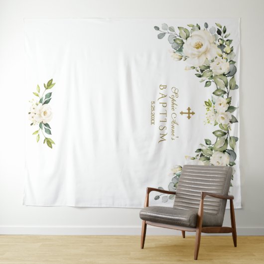 チャームホワイトフラワーバプテスマ女の子フォトブースプロップ タペストリー (インサイチュ(横))