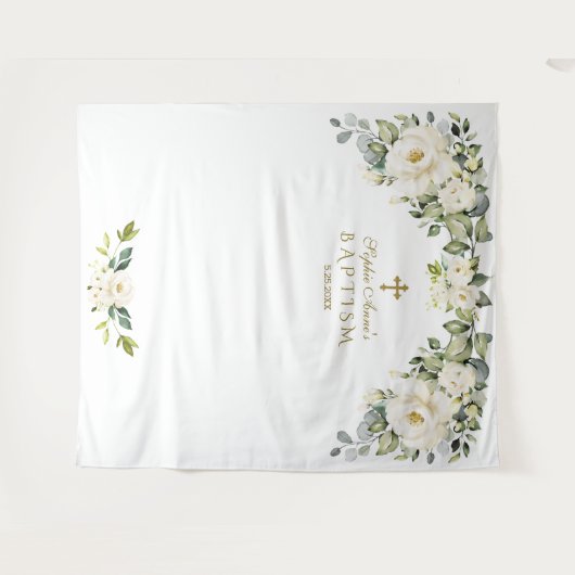 チャームホワイトフラワーバプテスマ女の子フォトブースプロップ タペストリー (正面(横))