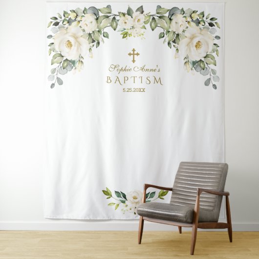 チャームホワイトフラワーバプテスマ女の子フォトブースプロップ タペストリー (インサイチュ)