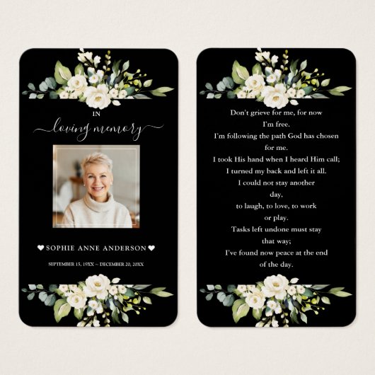 チャームホワイトフラワーブラックフォト葬儀祈りの言葉 (正面&裏面)