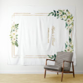 チャームホワイトフローラ金ゴールドフレームフォトブース背景 タペストリー (インサイチュ(横))