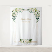 チャームホワイトフローラ金ゴールドフレームフォトブース背景 タペストリー (正面)