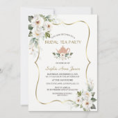 チャームホワイトフローラ金ゴールドブライダルシャワーティーパーティー 招待状 (正面)
