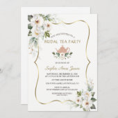 チャームホワイトフローラ金ゴールドブライダルシャワーティーパーティー 招待状 (正面/裏面)