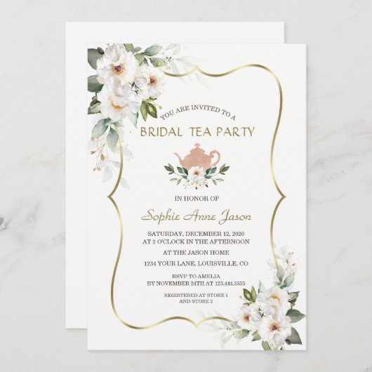 チャームホワイトフローラ金ゴールドブライダルシャワーティーパーティー 招待状 (正面/裏面)