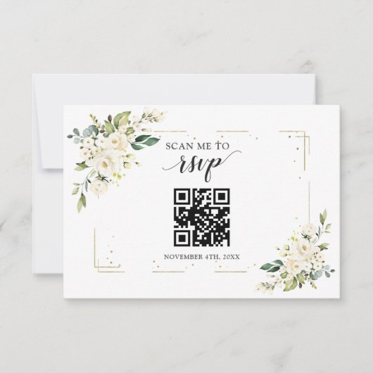 チャームホワイトフローラ金ゴールドQRコード結婚 出欠カード (正面)