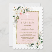 チャームホワイトマグノリアピンク金ゴールドフローラバプテスマ 招待状 (正面)