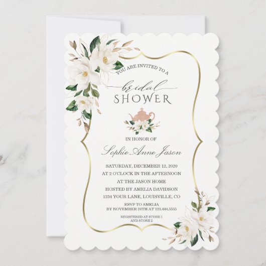 チャームホワイトマグノリア金ゴールドフローラブライダルシャワー 招待状 (正面)