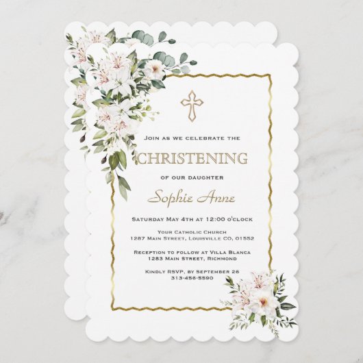 チャームホワイトリリーバラ金ゴールドガール《キリスト教》洗礼式や命名式 招待状 (正面/裏面)