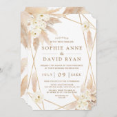 チャームホワイトローズパンパスグラス結婚金ゴールド 招待状 (正面/裏面)