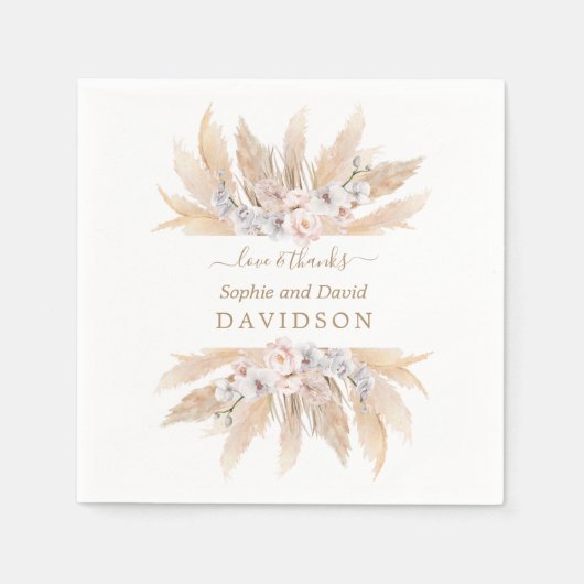 チャームホワイトローゼスパンパスグラス結婚ズナプキンス スタンダードカクテルナプキン (正面)