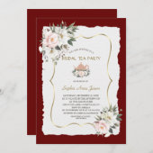 チャームホワイト赤面フローラ金ゴールドブライダル茶パーティー 招待状 (正面/裏面)