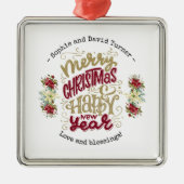 チャームメリークリスマスハッピーニューイヤータイポグラフィ メタルオーナメント (正面)