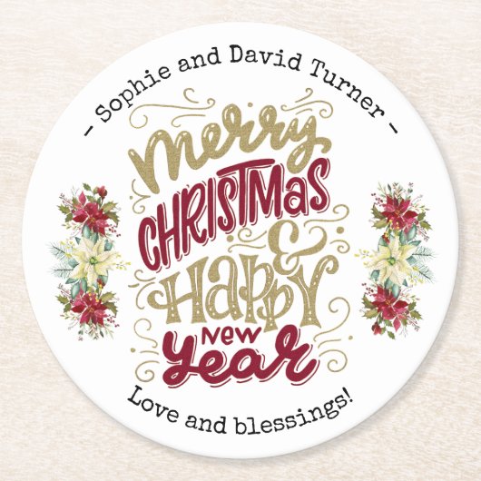 チャームメリークリスマスハッピーニューイヤータイポグラフィ ラウンドペーパーコースター (正面)
