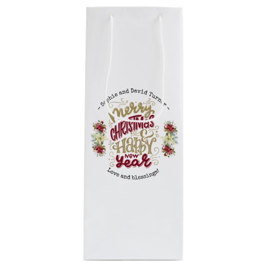 チャームメリークリスマスハッピーニューイヤータイポグラフィ ワインギフトバッグ (正面)