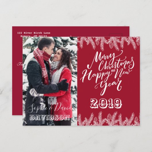 チャームメリークリスマスハッピーニューイヤー松写真 インビテーションポストカード (正面/裏面)