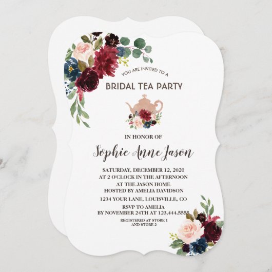 チャームメルロネイビーフローラブライダルシャワーティーパーティー 招待状 (正面/裏面)