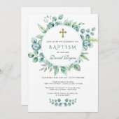 チャームユーカリプトゥスグリーンリースクロスボーイバプテスマ 招待状 (正面/裏面)