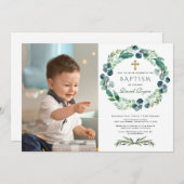 チャームユーカリ葉リースボーイフォトバプテスマ 招待状 (正面/裏面)