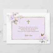 チャームライトパープル金ゴールドフラワーガールバプテスマ サンキューカード (裏面)