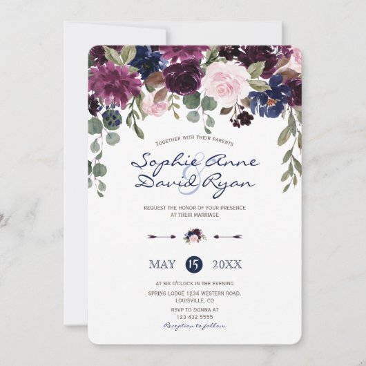 チャームラベンダーネイビーブルーフローラ開花結婚ズ 招待状 (正面)