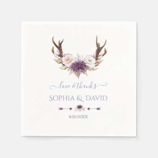 チャームラベンダーピンクホワイトフラワーズ結婚〔雄ジカの〕枝角 スタンダードカクテルナプキン (正面)