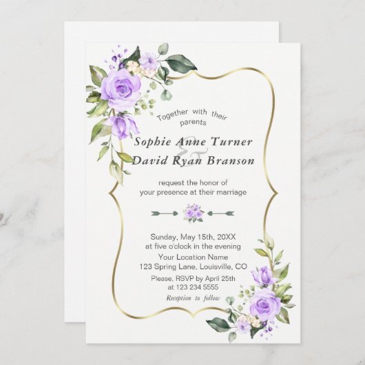 チャームラベンダーフラワーズ金ゴールド結婚フレーム 招待状 (正面/裏面)