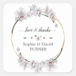 チャームルアウ(ハワイ式宴会)ウォーターカラーホワイトオーキッド金ゴールド結婚ズ スクエアシール