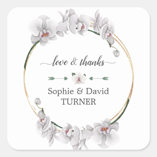 チャームルアウ(ハワイ式宴会)ウォーターカラーホワイトオーキッド金ゴールド結婚ズ スクエアシール (正面)