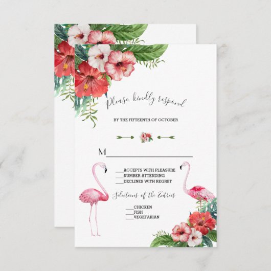チャームルアウ（ハワイ式宴会）フラミンゴトロピカルフローラウェディングRSVP 出欠カード (正面/裏面)